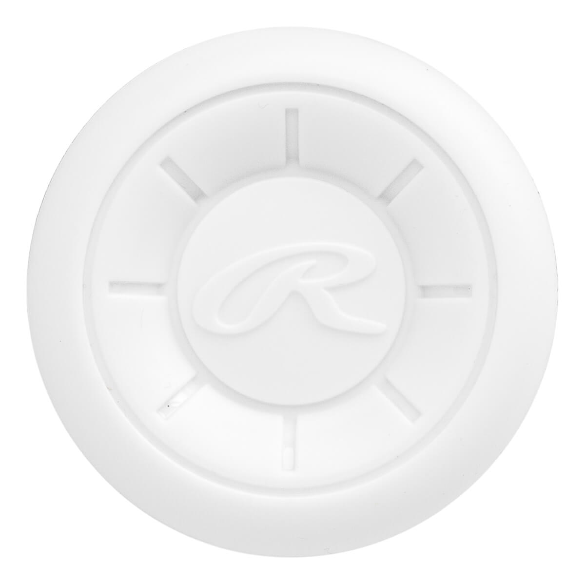Top-down view of a white baseball bat end cap with a raised Rawlings R logo in the center and radial lines.