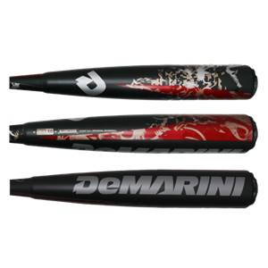 Side view of a black DeMarini Voodoo BBCOR baseball bat with red and silver graphics and DeMarini text.