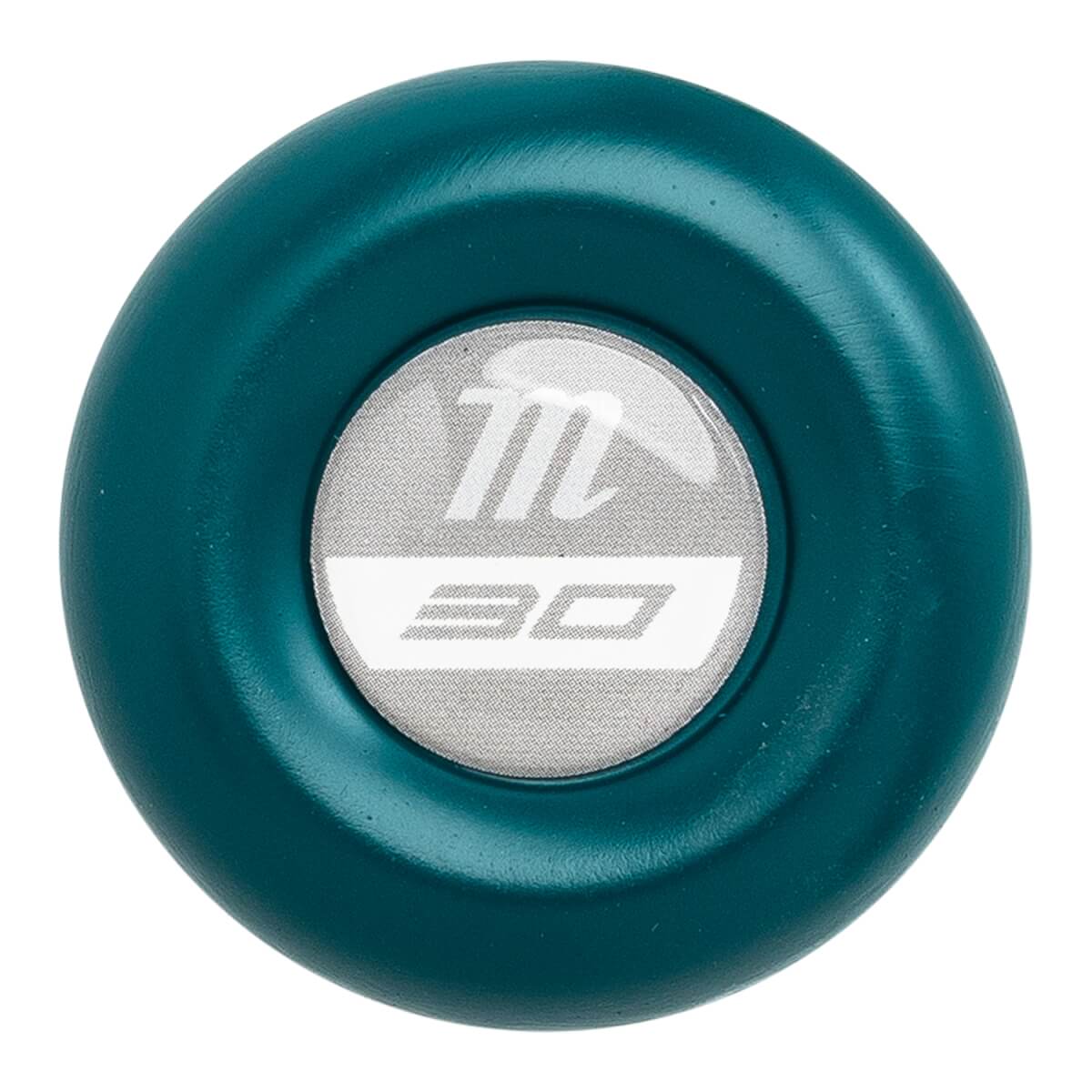 Top-down view of a teal baseball bat end cap with a white circular logo featuring an m and 30.