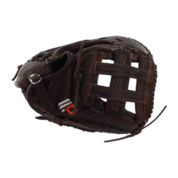 Side view of a brown baseball glove with a woven web and orange logo.