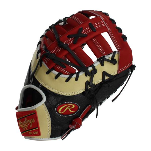 Front view of a red, tan, and black first base mitt with Rawlings logo and Est. 1887 text.
