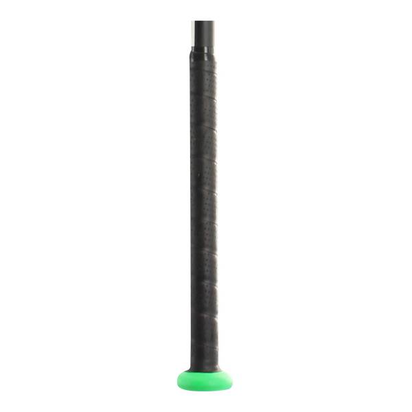 Close-up of a black baseball bat grip with a green end cap.
