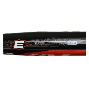 Side view of a black baseball bat with an orange and white design, E logo, and BBCOR CERTIFIED 50 text.