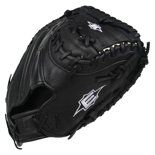 Side view of a black catchers mitt with white Easton logos and visible lacing.