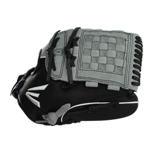Side view of a black and gray Easton softball glove with a woven pocket and white Easton logo.