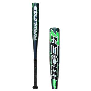 Side view of a blue tee ball bat with green Rawlings and Mach 2 branding.
