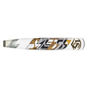 Side view of a white baseball bat with gold and black META text and Louisville Slugger logo.