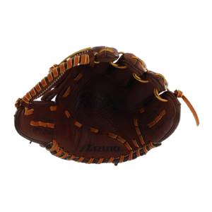 Top-down view of a brown baseball glove with tan lacing and MIZUNO branding.