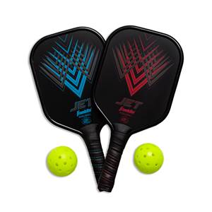Front view of two black pickleball paddles with blue and red geometric designs, and two yellow pickleballs.