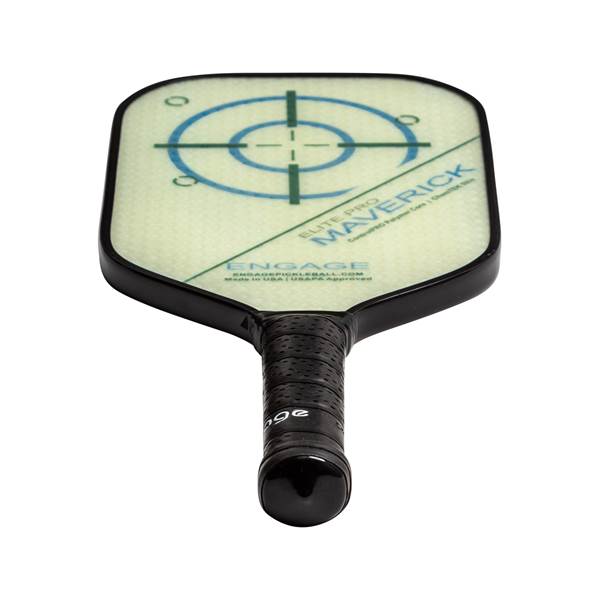 Top-down view of a light green pickleball paddle with a target design, Elite Pro Maverick text, and black grip.