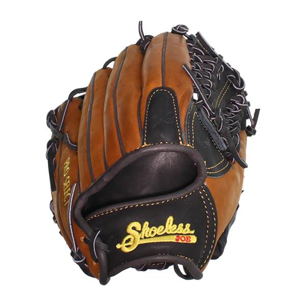 Front view of a brown and black baseball glove with Shoeless Joe embroidered in gold and PRO SELECT text.