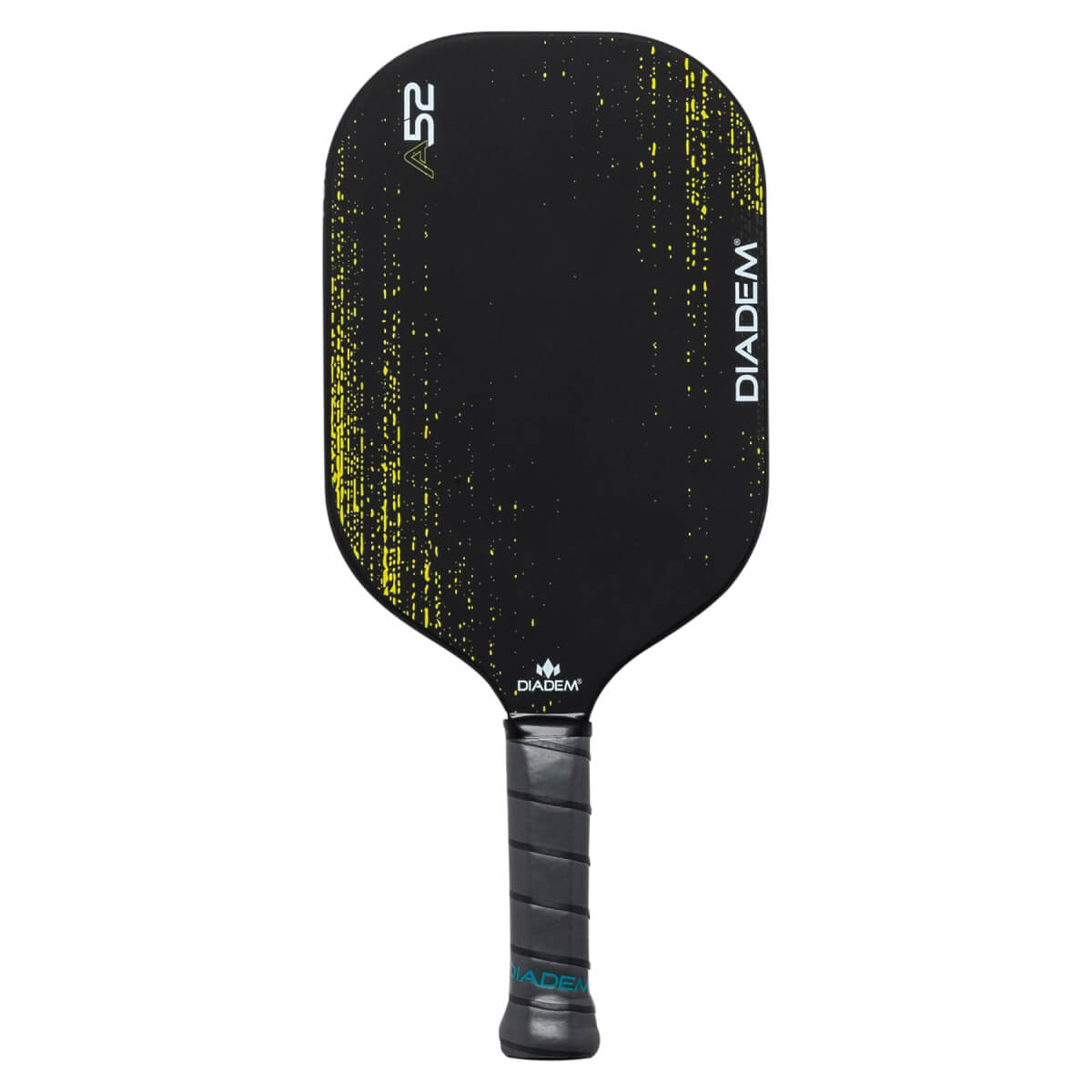 Front view of a black pickleball paddle with yellow speckle design, A52, and DIADEM branding.