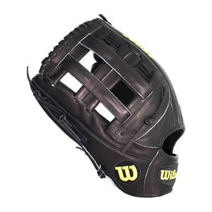 Top-down view of a black baseball glove with a woven web and yellow Wilson branding.
