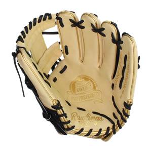 Top-down view of a tan baseball glove with black lacing and gold accents.