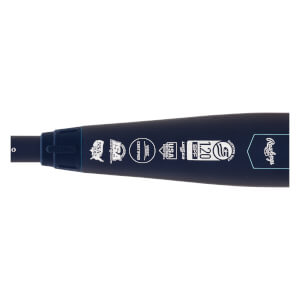 Close-up of a navy blue softball bat with USA Softball and Rawlings logos.