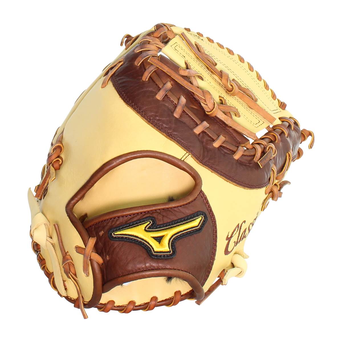 Front view of a tan and brown first base mitt with a yellow Mizuno logo and Classic text.