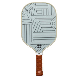 Front view of a light blue pickleball paddle with a geometric line design and brown grip.