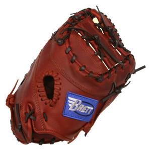 Side view of a brown baseball glove with a blue Brett logo and dark brown lacing.