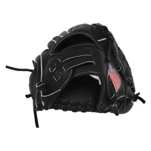 Front view of a black baseball glove with white stitching and an American flag patch.