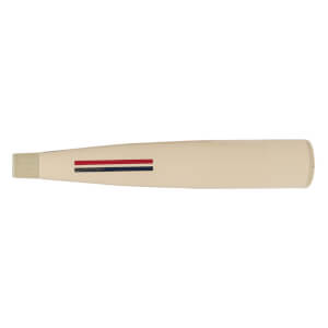 Side view of an off-white baseball bat with red and blue stripes and WARSTIC text near the ribbed handle.