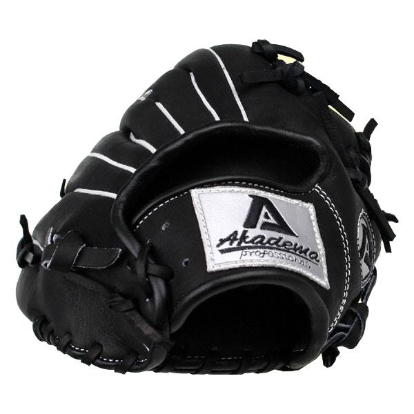 Front view of a black baseball glove with white stitching and an Akadema Professionals logo patch.