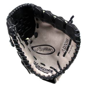 Top-down view of a black and tan baseball glove with Akadema Professional and ADN96 Rookie Series branding.