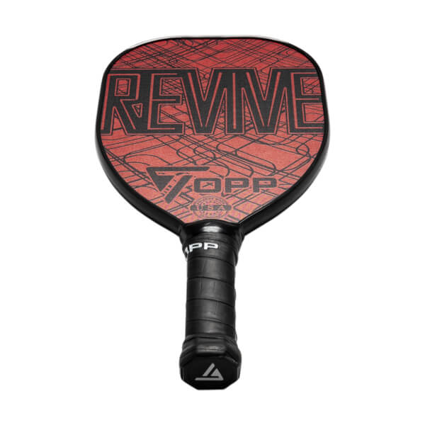 Front view of a red pickleball paddle with black REVIVE text and a TOPP logo.