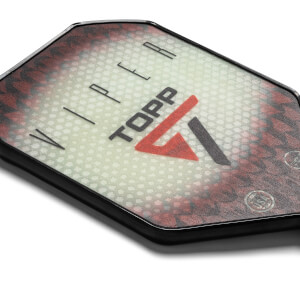 Top-down view of a white pickleball paddle with red and black Viper and TOPP branding.