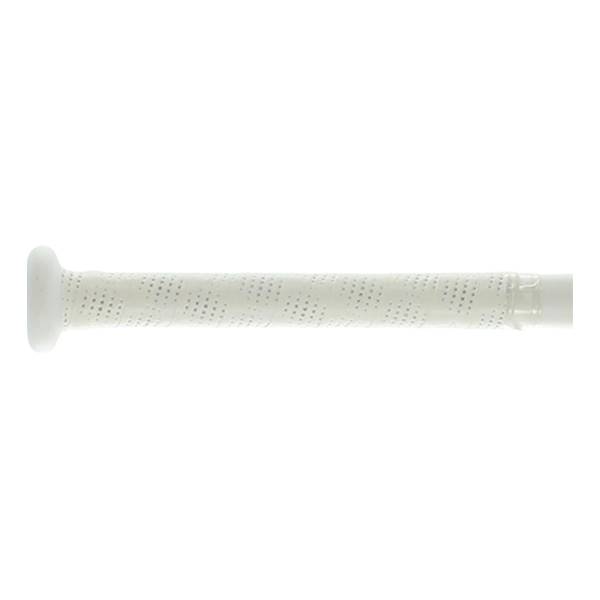 Side view of a white baseball bat with a perforated grip and a white knob.