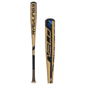 Side view of a gold baseball bat with black and blue Rawlings VELO branding and textured grip.