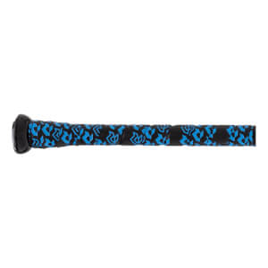 Close-up of a black baseball bat handle with a blue geometric pattern grip and a black knob.