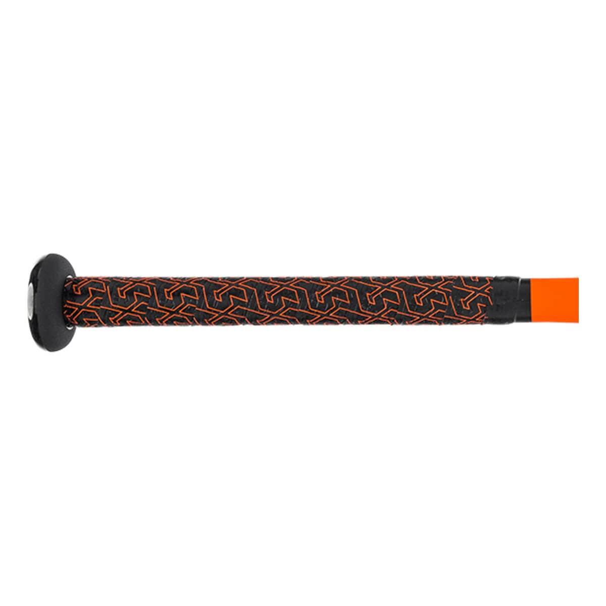 Side view of a black baseball bat with an orange geometric grip and black end cap.