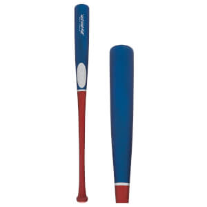 Front view of a blue and red baseball bat with white oval logo and text.