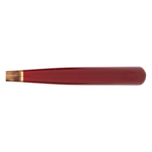 Side view of a glossy dark red baseball bat with a natural wood handle and gold band.