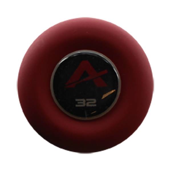 End view of a red softball bat with a black cap, red A logo, and 32 marking.