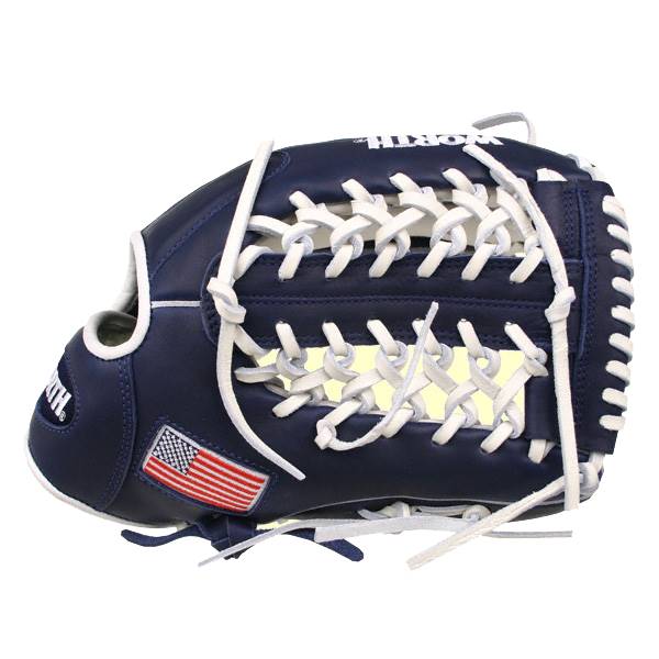 Side view of a navy blue baseball glove with white lacing and an American flag patch.