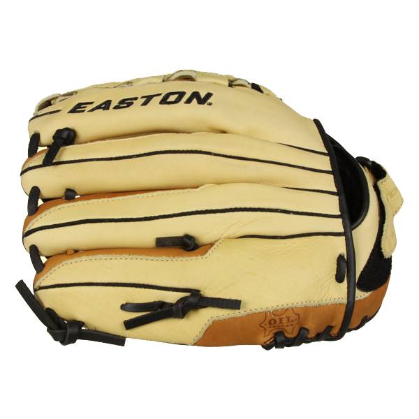 Top-down view of a tan Easton glove with black lacing and brown accents.