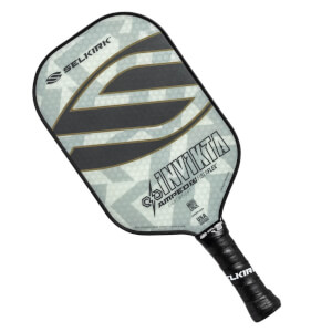 Top-down view of a gray pickleball paddle with a geometric pattern, black stripes, and INV IKTA text.