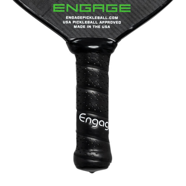 Close-up of a black pickleball paddle grip with perforations and Engag text.