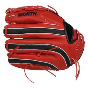 Front view of a red baseball glove with black and white stripes and WORTH branding.