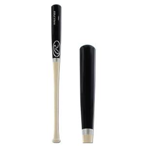 Front view of a black and natural wood baseball bat with Rawlings logo and text.