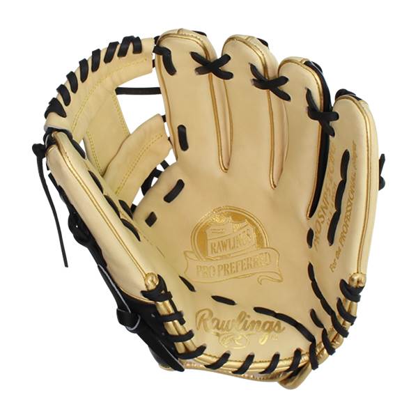 Top-down view of a tan baseball glove with black lacing and gold accents.