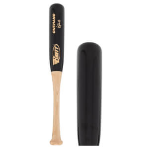 Front view of a black and natural wood training bat with Brett logo and ONEHAND by Brett text.