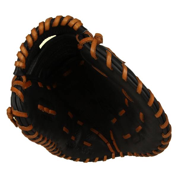 Top-down view of a black softball mitt with tan lacing and a deep pocket.