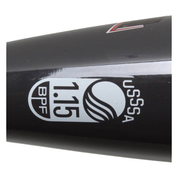 Close-up of a black baseball bat with BPF 1.15 and USSSA logos.