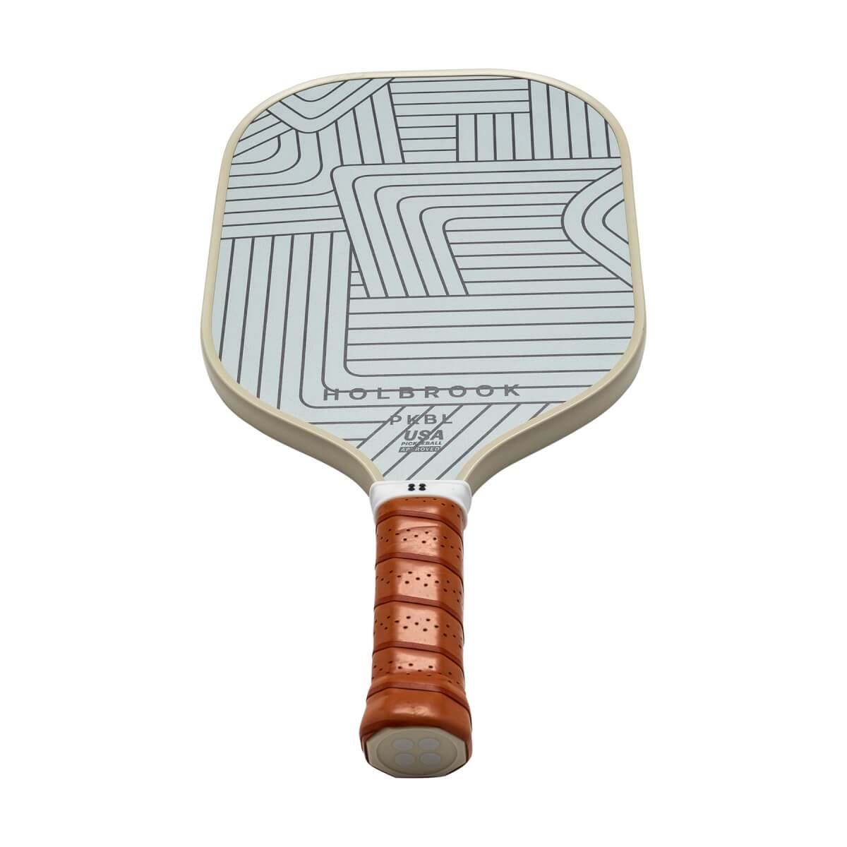 Front view of a light blue pickleball paddle with a geometric line design, HOLBROOK text, and a brown grip.