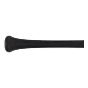 Close-up side view of a black baseball bat handle with a flared, rounded knob and smooth, tapering profile.