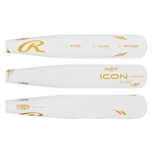 Layout view of a white baseball bat with gold Rawlings R logo, ICON, -10, IN/TENSE, ZEROLOSS, and TUNED BALANCE text.