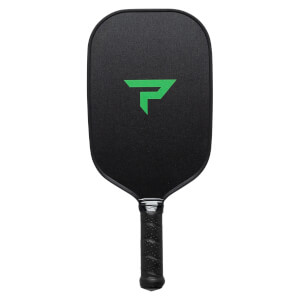 Front view of a black pickleball paddle with a green P logo and textured grip.