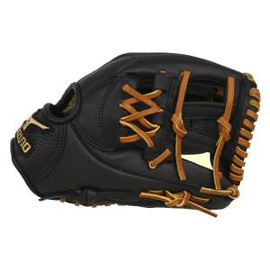 Side view of a black baseball glove with tan lacing and Mizuno text.